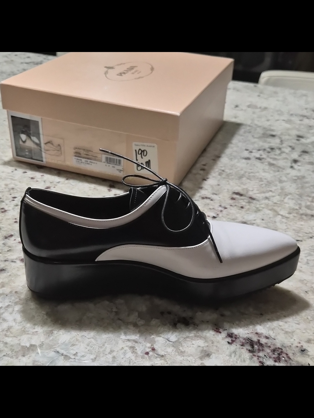 Prada Spazzolato Bicolore Platform Oxfords Black White Brogues 38.5 Box - Picture 13 of 16
